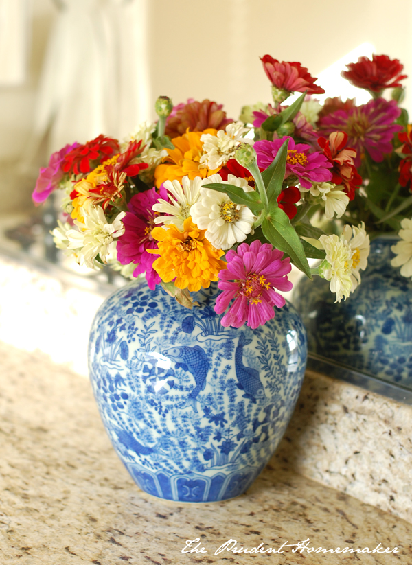 Blue and White Vase with Zinnias The Prudent Homemaker