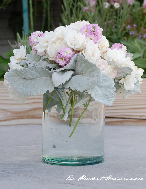 Iceberg roses dusty miller pink stock arrangement The Prudent Homemaker