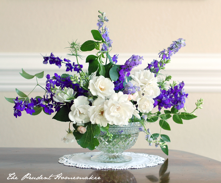 Larkspur and Rose arrangement The Prudent Homemaker