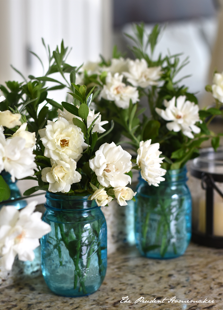 White Roses in blue jars The Prudent Homemaker
