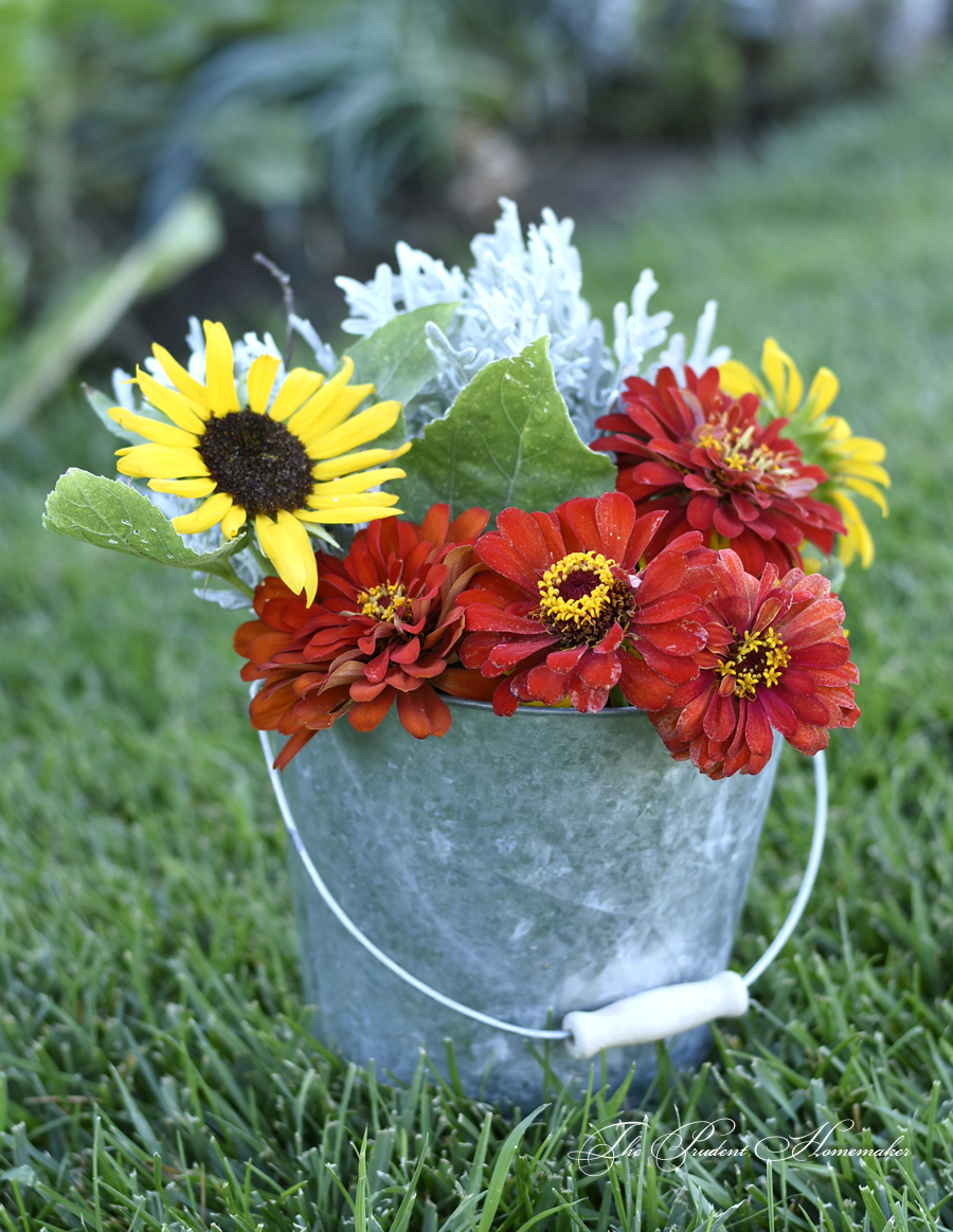 Bucket of Zinnias and Sunflowers