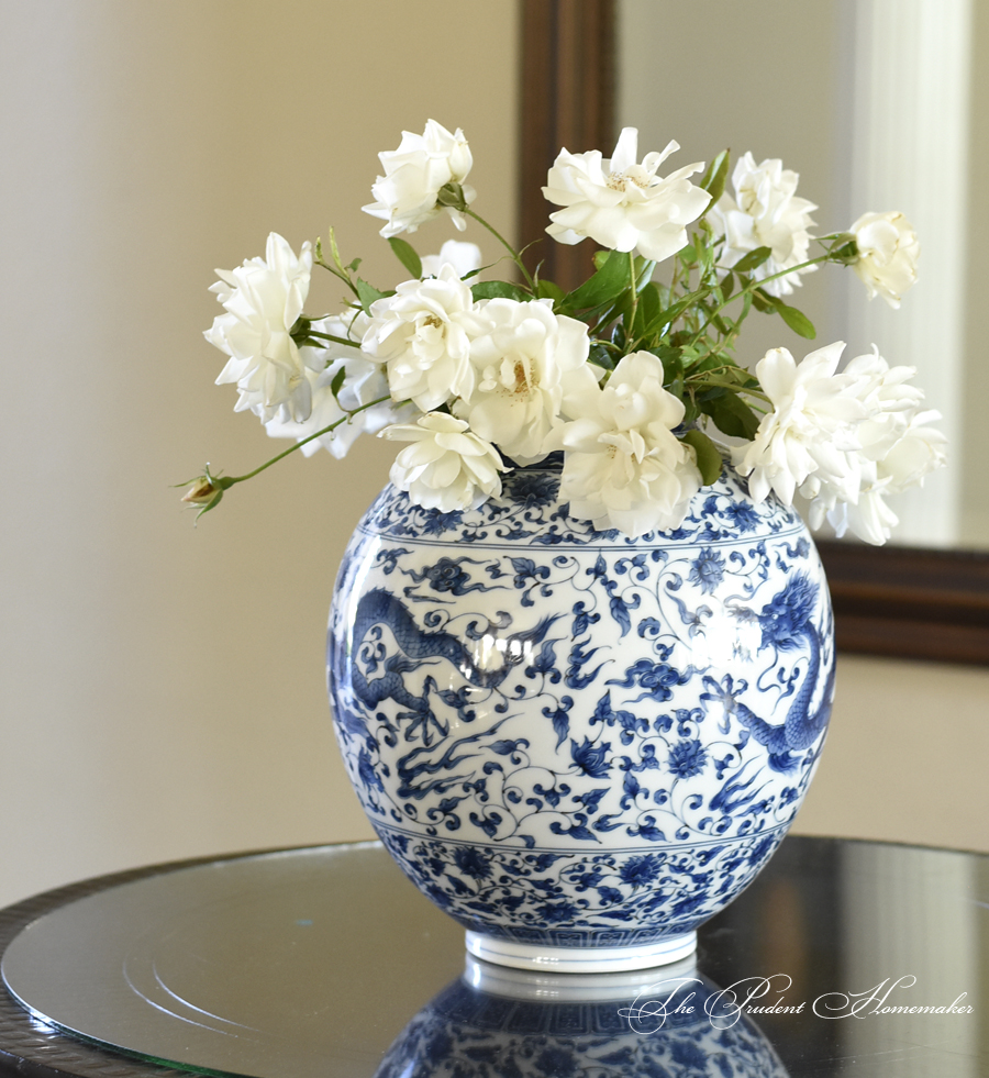 Blue and White Vase with Iceberg Roses The Prudent Homemaker