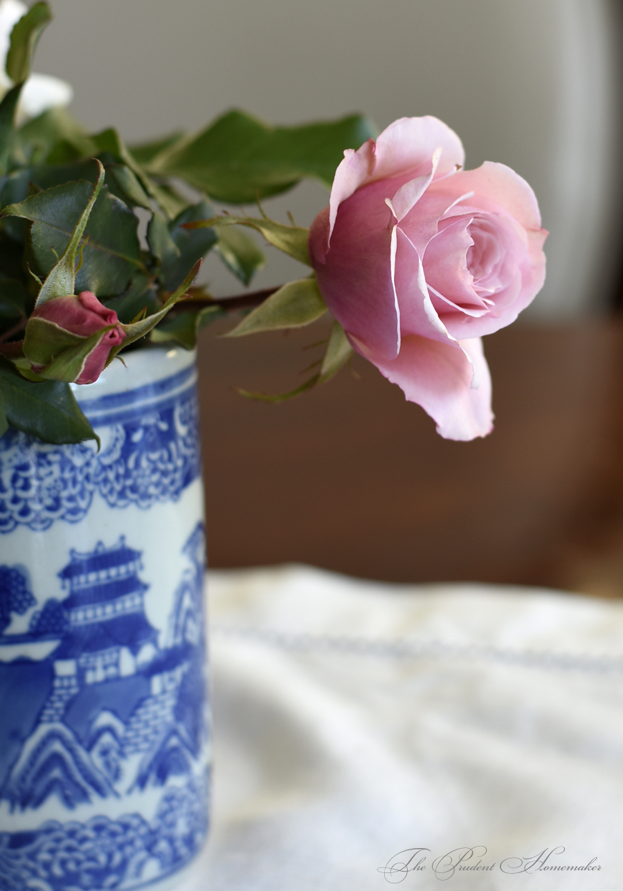 French Lace Rose in Blue and White Vase The Prudent Homemaker